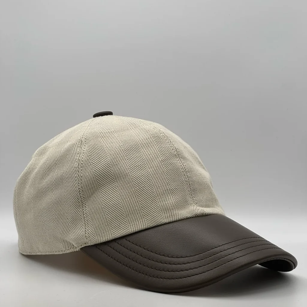 Berluti linen cap, three-quarter view showing the dark brown leather brim and tonal button.