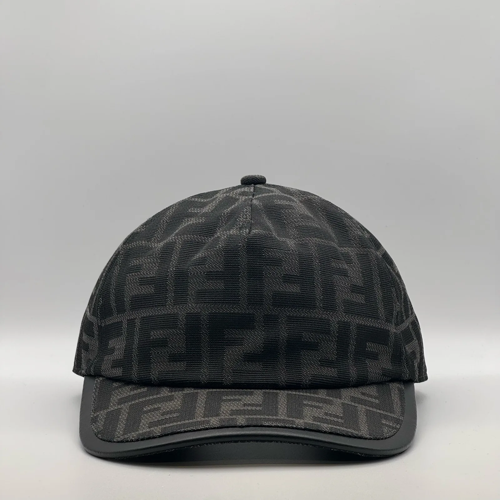 Black-on-black Fendi FF cap, front view.