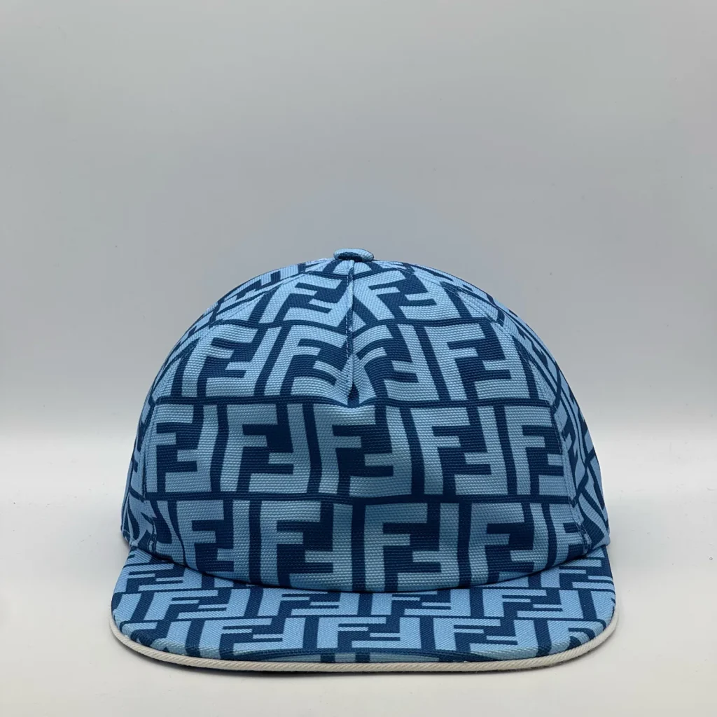 Light blue Fendi FF cap, three-quarter front-left view.