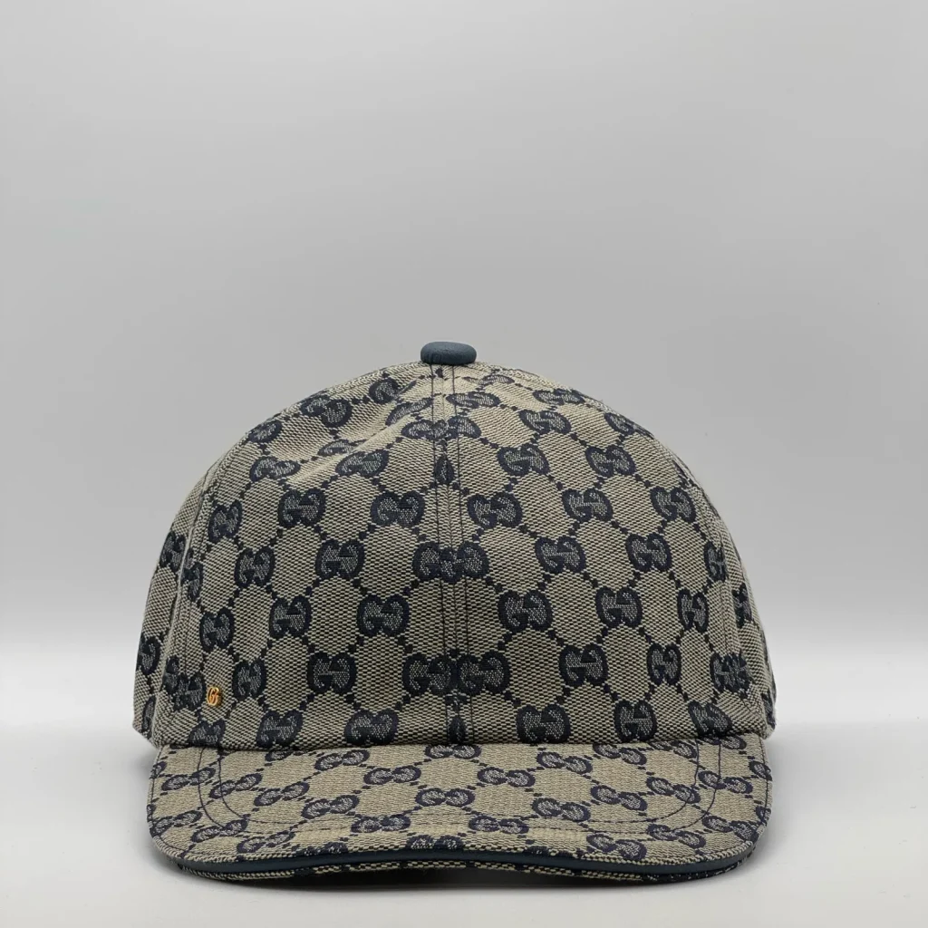 Beige and navy GG canvas cap, front three-quarter view with tonal diamond pattern