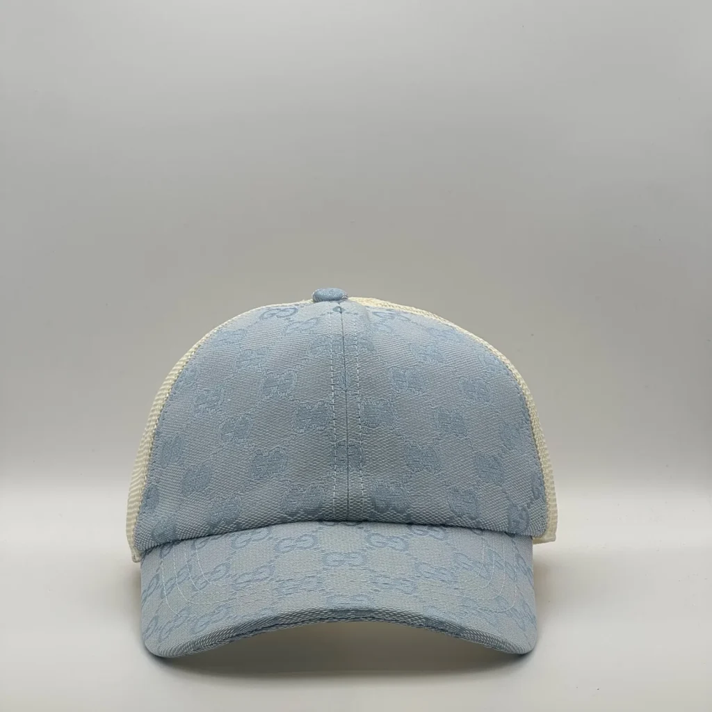 Light blue GG jacquard trucker cap with cream mesh, front view